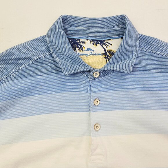 Tommy Bahama Med Mens Blue White Black Color Block Short Sleeve Neck Logo Polo - Picture 10 of 10